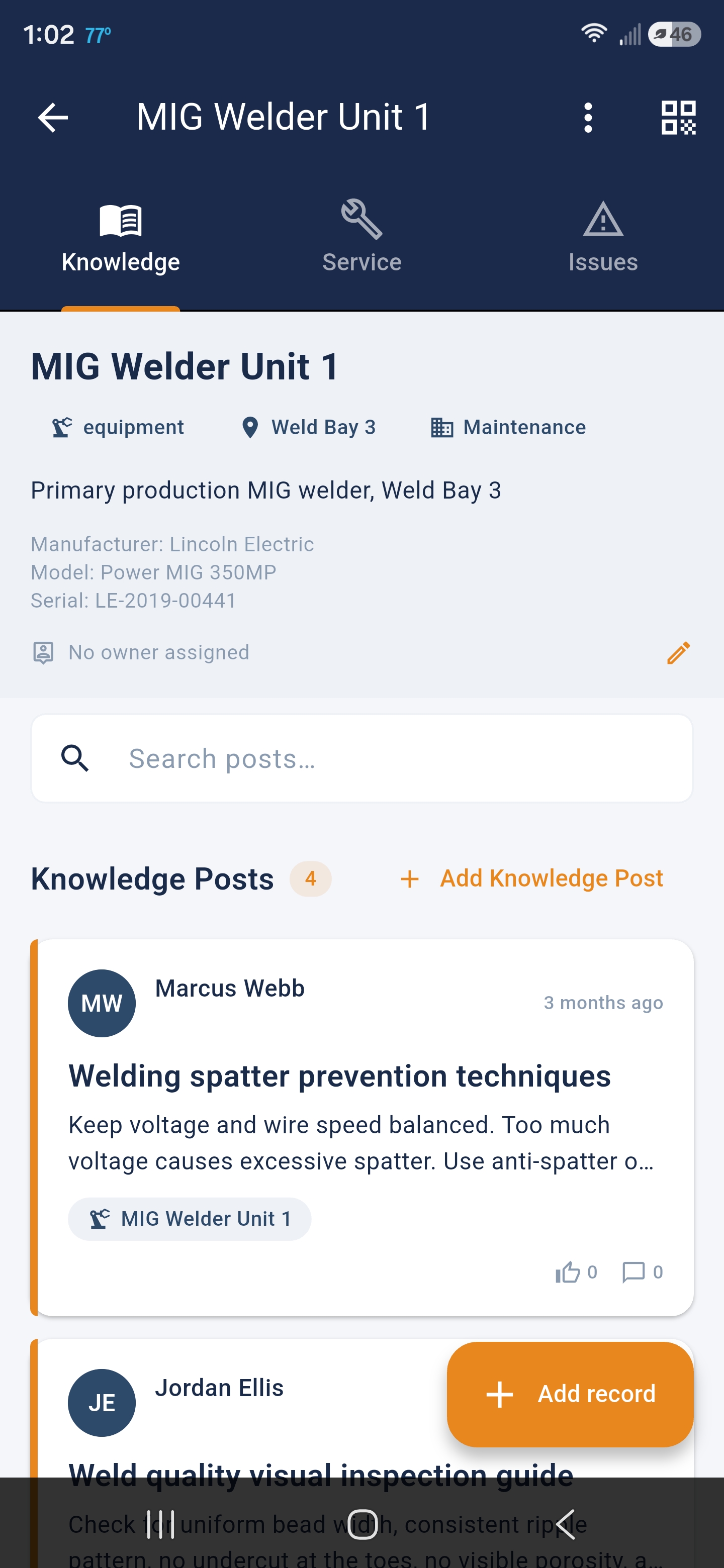WorkLegacy asset detail screen showing knowledge posts pinned to a MIG welder