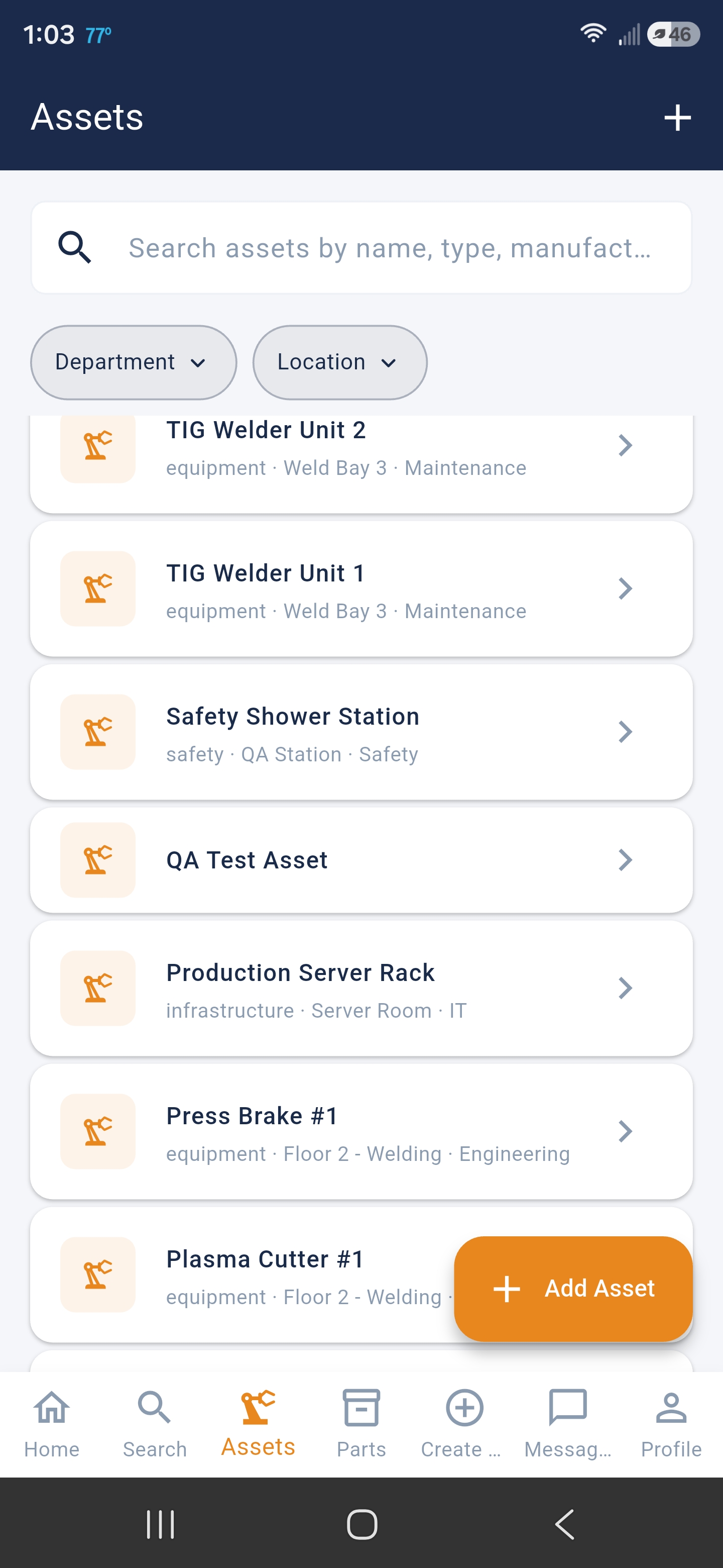 Assets list — welders, safety showers, presses, plasma cutters